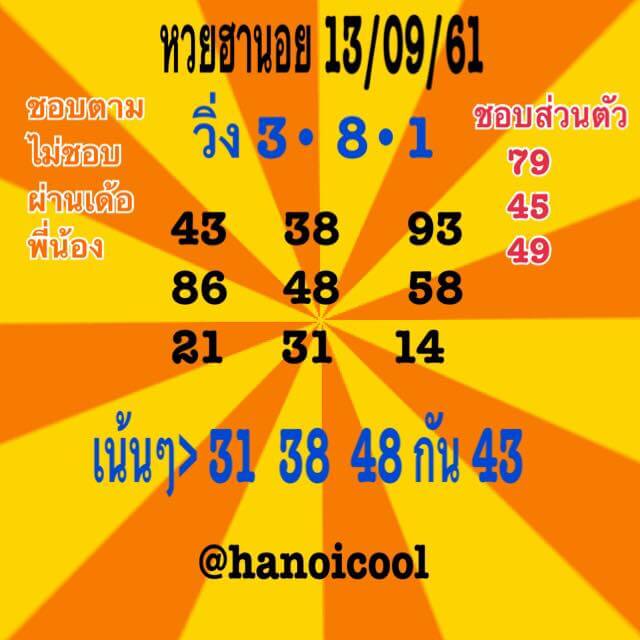 แจกสูตรหวยฮานอย 13/9/61