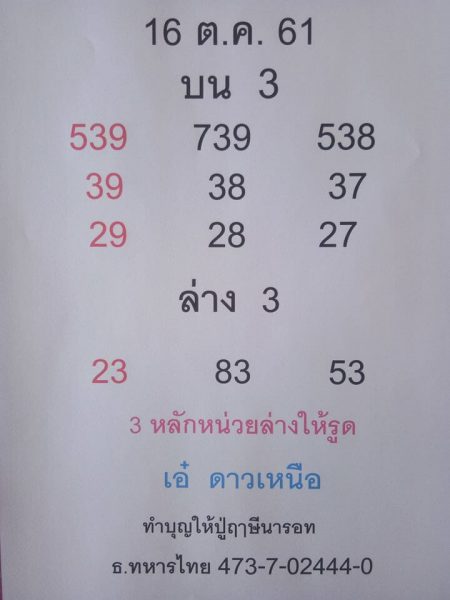 หวยเอ๋ ดาวเหนือ16/10/61