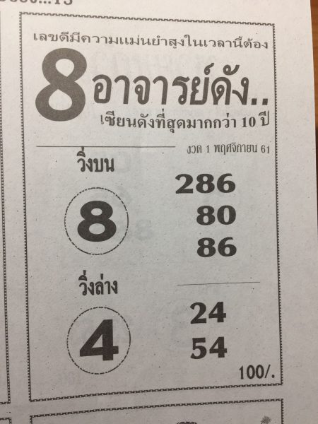 หวย 8 อาจารย์ดัง 1/11/61