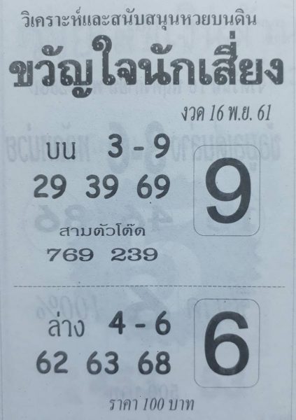 หวยขวัญใจนักเสี่ยง16/11/61