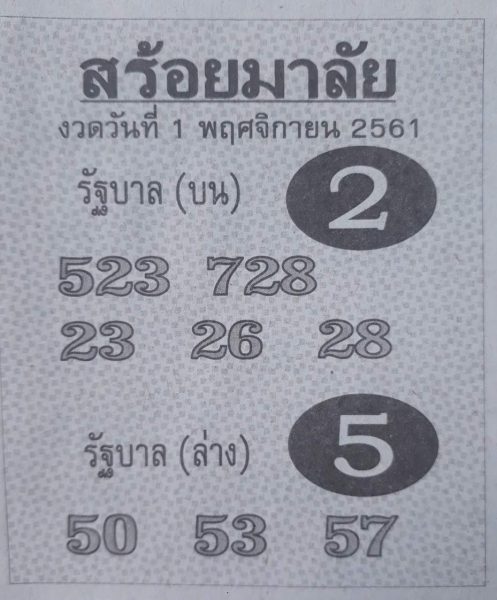 หวยสร้อยมาลัย 1/11/61