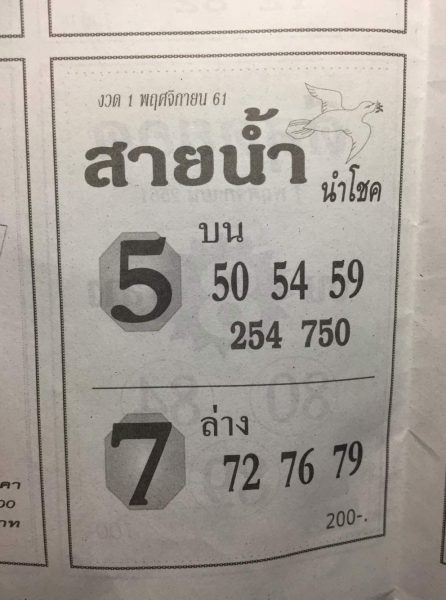 หวยสายน้ำนำโชค1/11/61