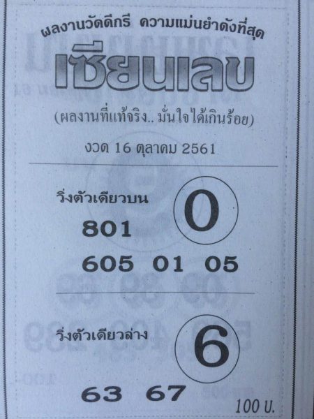 หวยเซียนเลข16/10/61