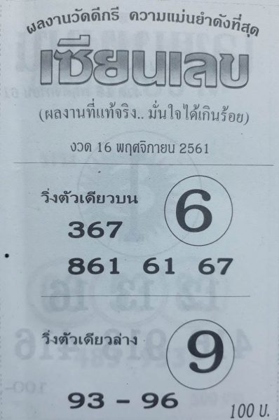 หวยเซียนเลข16/11/61