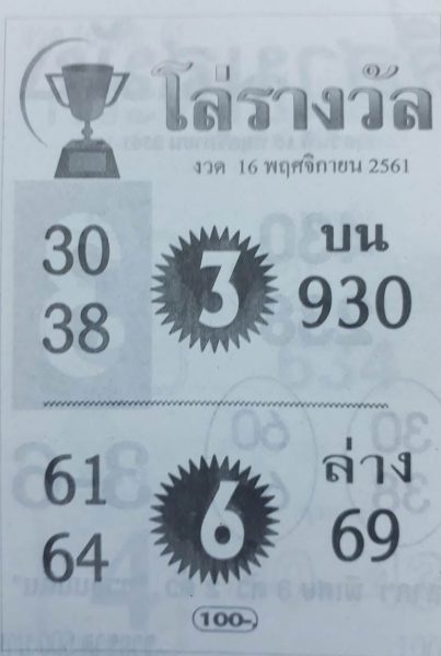 หวยโล่รางวัล16/11/61