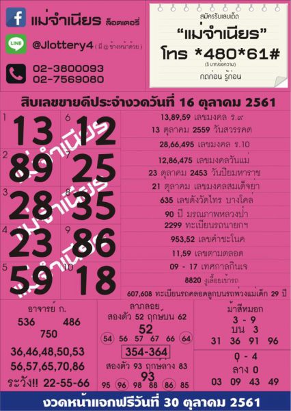 หวยแม่จำเนียร 16/10/61