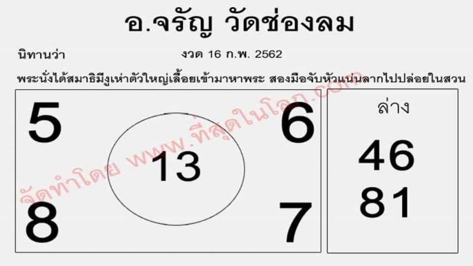 หวย อ.จรัญ 16/2/62