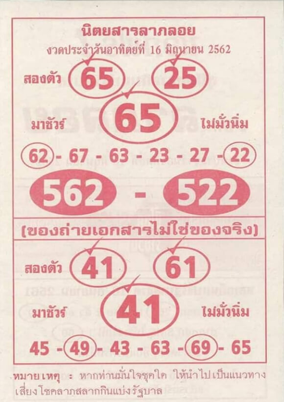 หวยนิตยสารลาภลอย 16/6/62