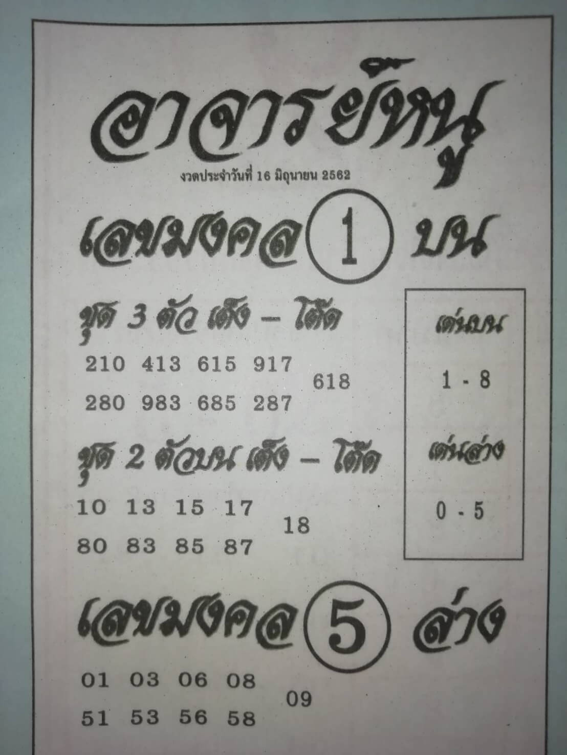 หวยอาจารย์หนู 16/6/62