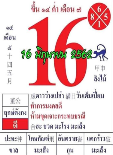 ตัวเลขปฏิทิน 16/6/62