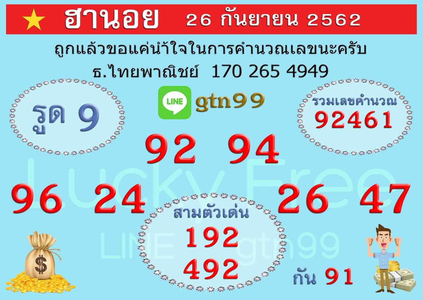 หวยฮานอย 26/9/62 ชุดเลข 3 ตัว และ 2 ตัว ชุดที่1