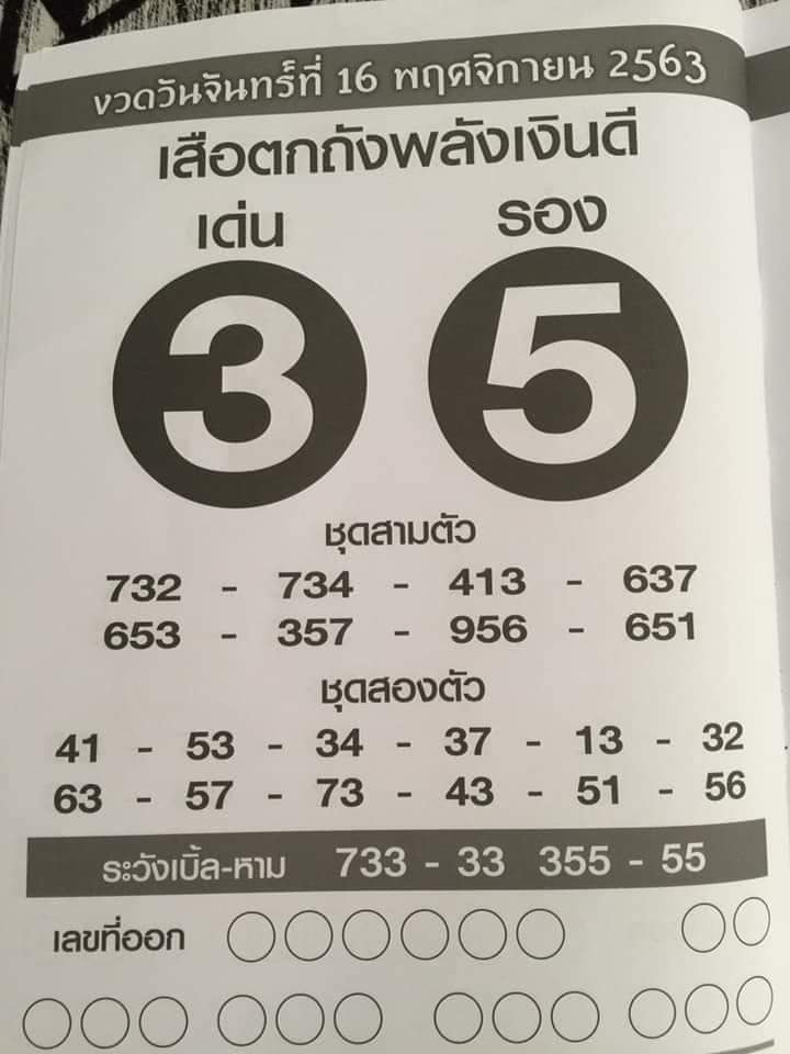 หวยเสือตกถังพลังเงินดี 16/11/63