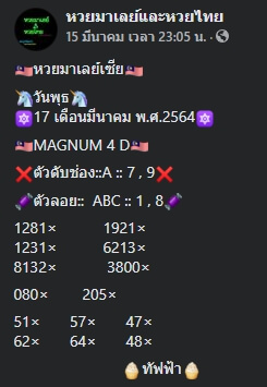 หวยมาเลย์ 17/3/64 ชุดที่ 10