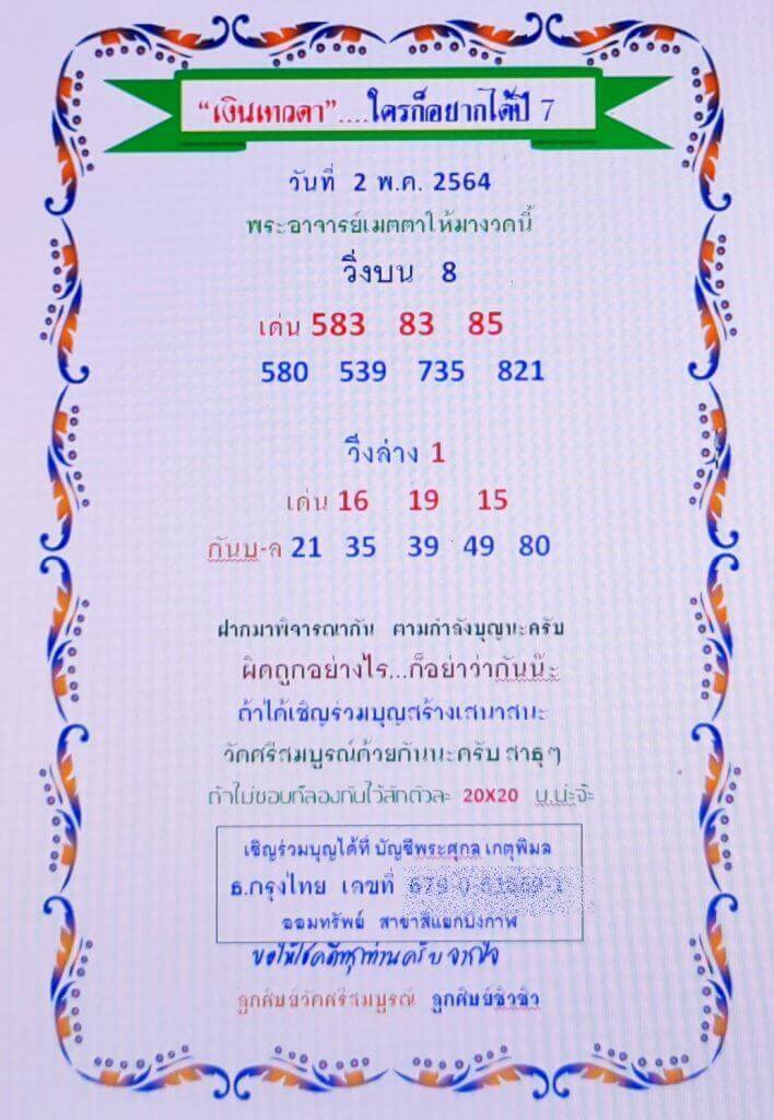 หวยเงินเทวดา 2/5/64