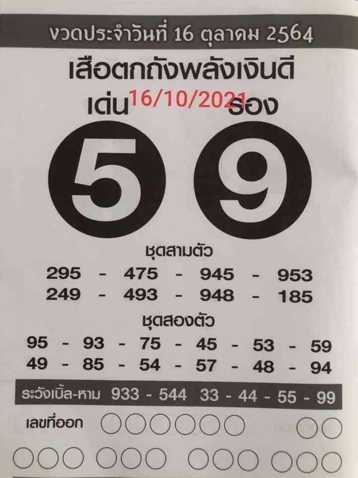 หวยเสือตกถังพลังเงินดี 16/10/64