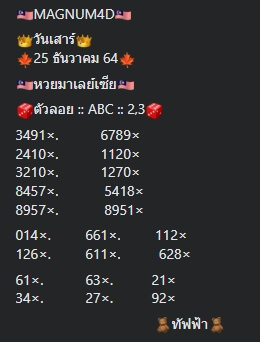 หวยมาเลย์ 25/12/64 ชุดที่ 3