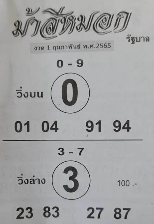 หวยม้าสีหมอก 1/2/65