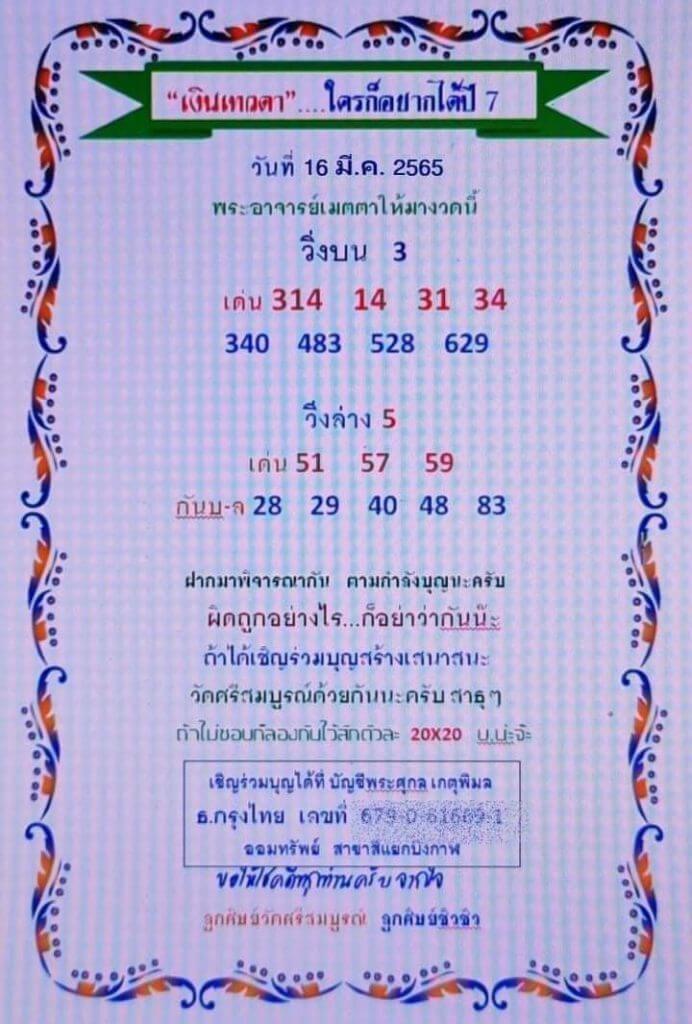 หวยเงินเทวดา 16/3/65 