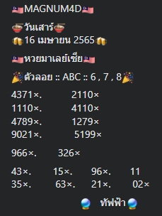 หวยมาเลย์ 16/4/65 ชุดที่ 2