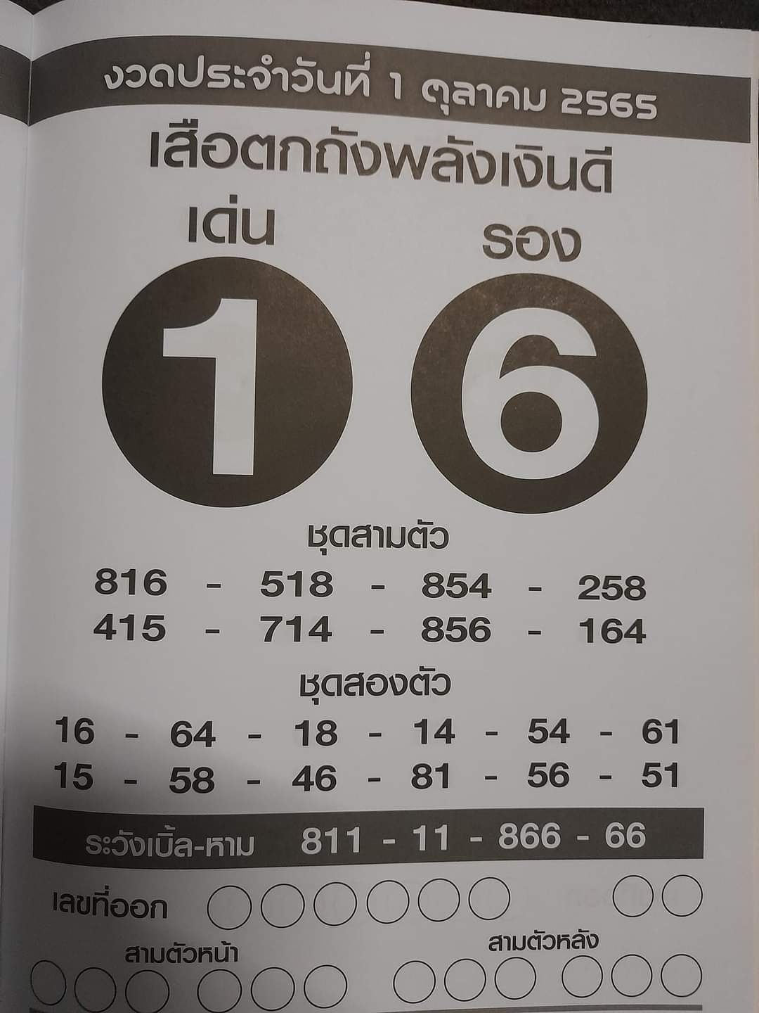 หวยเสือตกถังพลังเงินดี 1/10/65