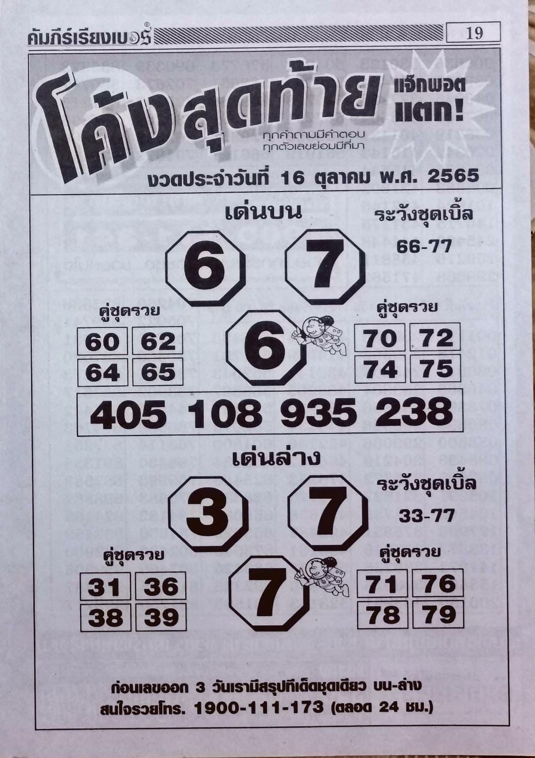 หวยโค้งสุดท้าย 16/10/65