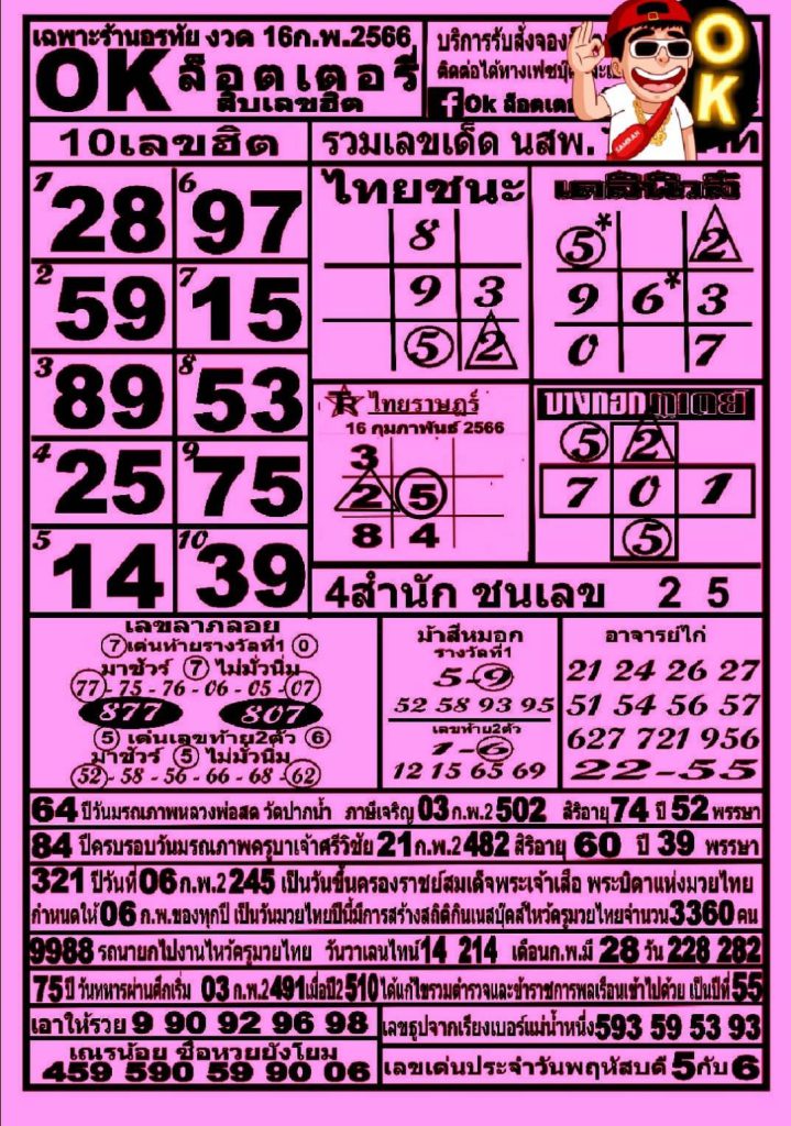 หวยOKลอตเตอรี่ 16/2/66