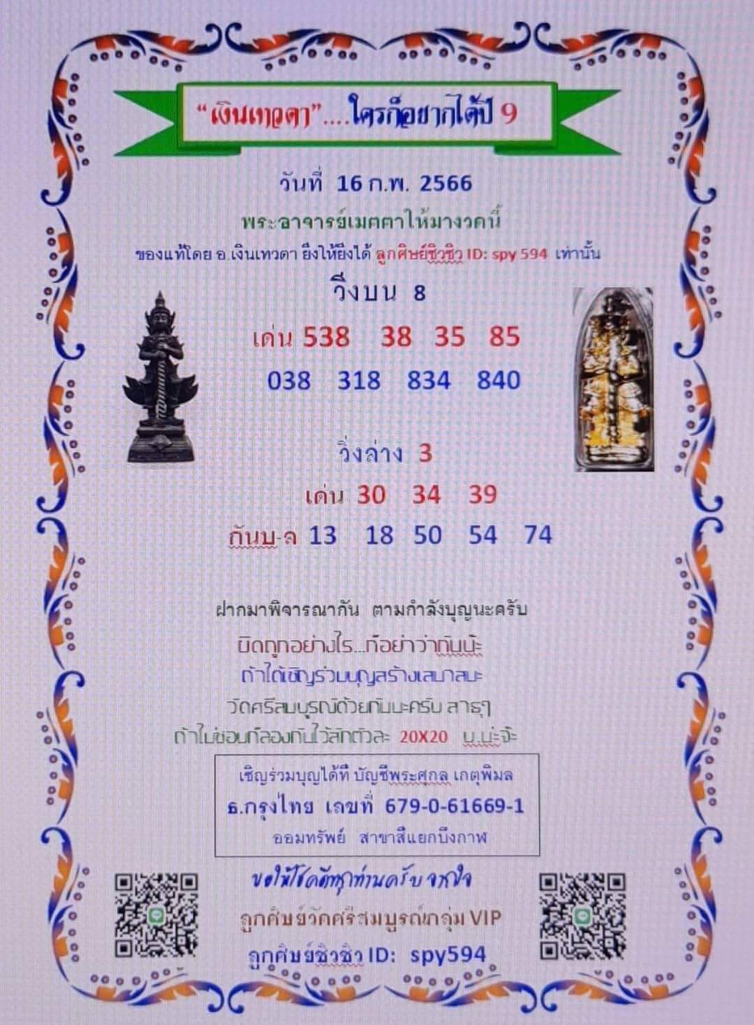 หวยเงินเทวดา 16/2/66