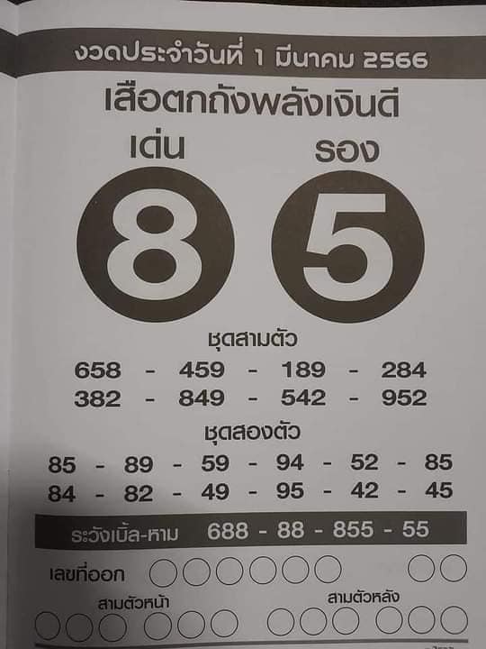 หวยเสือตกถังพลังเงินดี 1/3/66