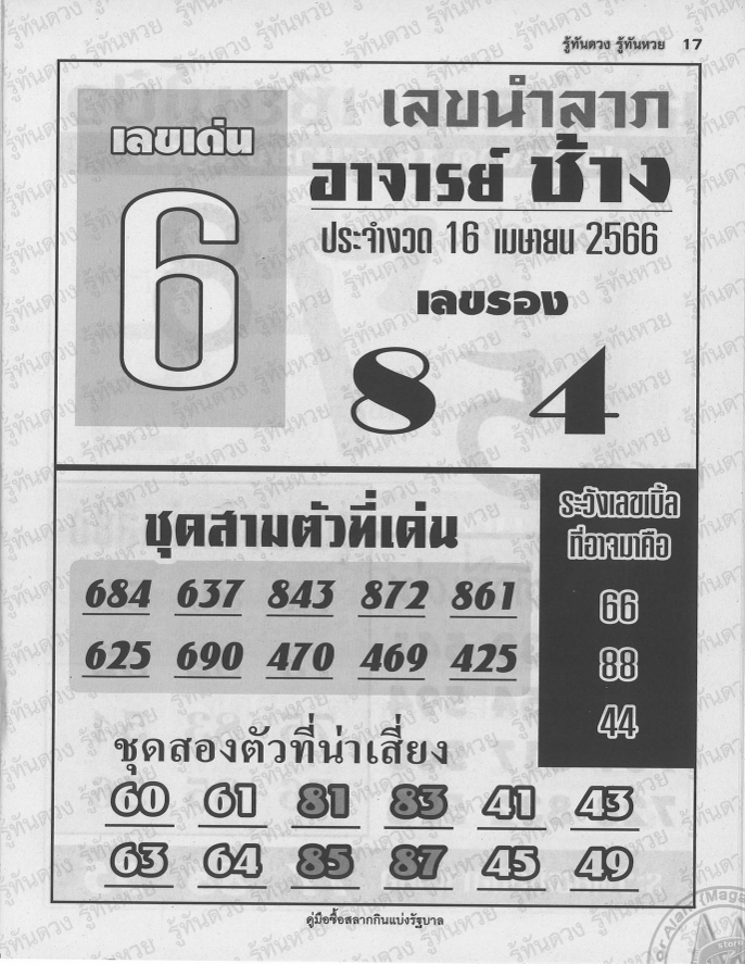 หวยอาจารย์ช้าง 16/4/66