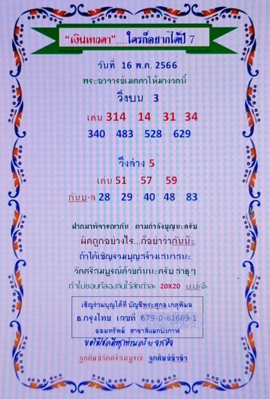 หวยเงินเทวดา 16/5/66