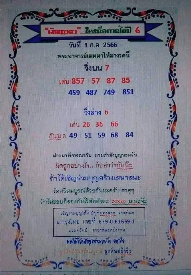 หวยเงินเทวดา 1/7/66