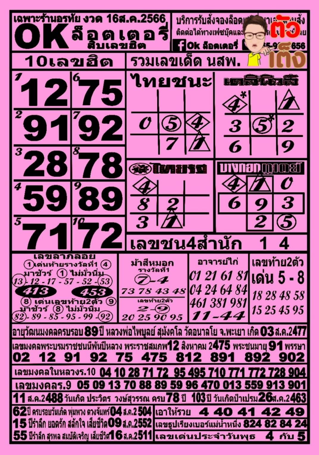 หวยOKลอตเตอรี่ 16/8/66