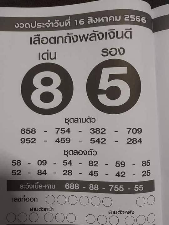 หวยเสือตกถังพลังเงินดี 16/8/66