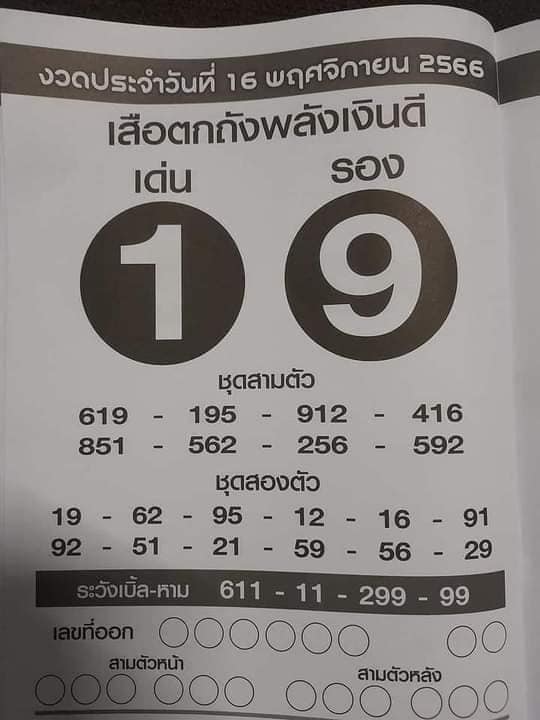 หวยเสือตกถังพลังเงินดี 16/11/66