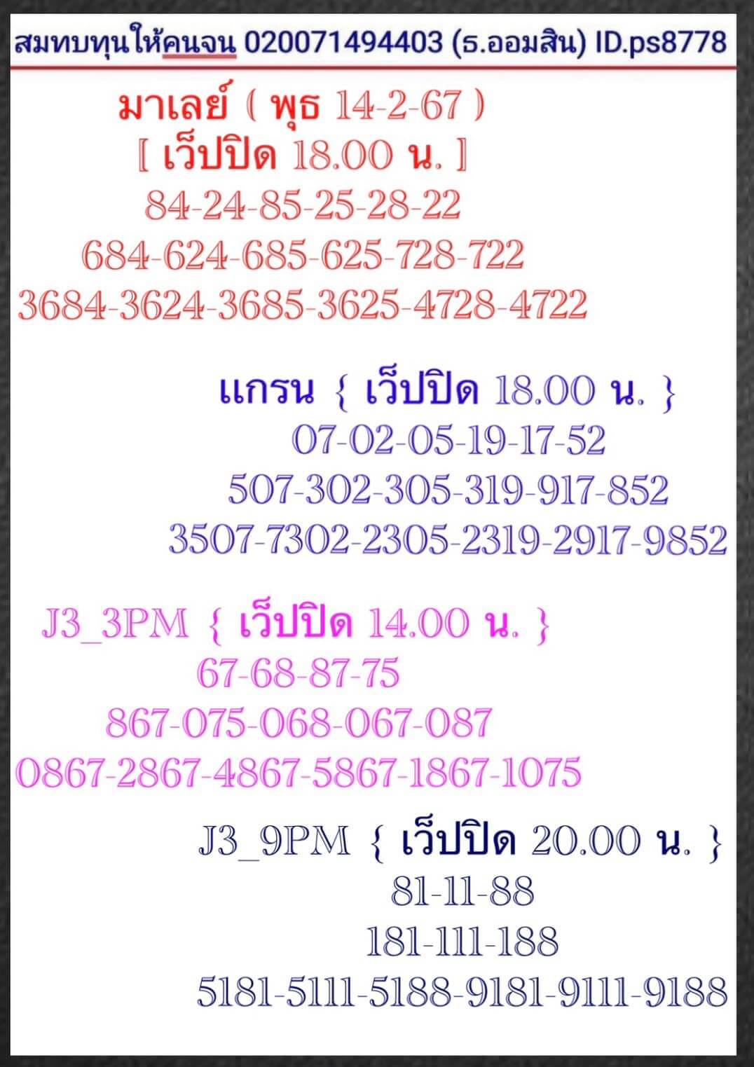 หวยมาเลย์ 14/2/67 ชุดที่ 7