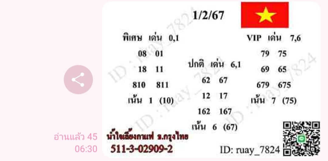 หวยฮานอย 1/2/67 ชุดที่ 7