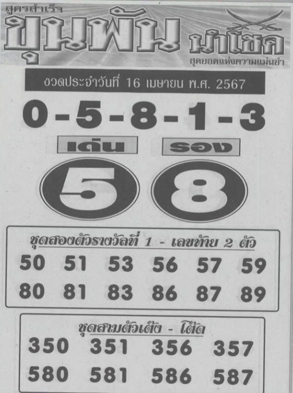 หวยขุนพันนำโชค 16/4/67