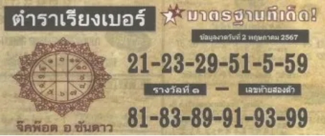 หวยตำราเรียงเบอร์ 2/5/67