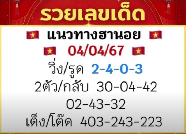 หวยฮานอย 4/4/67 ชุดที่ 9