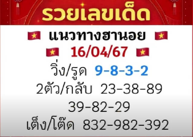 หวยฮานอย 16/4/67 ชุดที่ 6