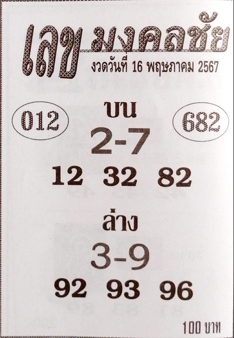 เลขมงคลชัย 16/5/67
