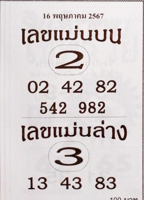 เลขแม่นบน แม่นล่าง 16/5/67