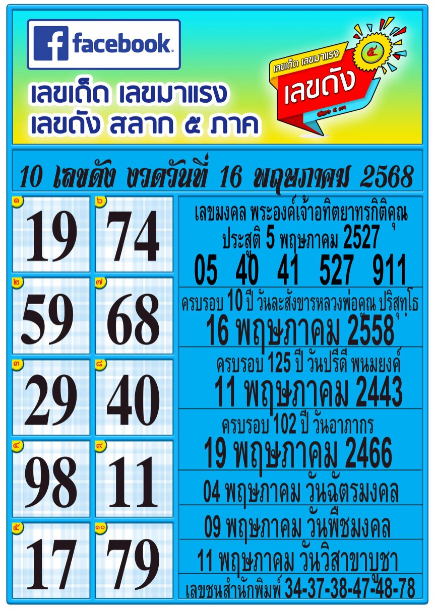 หวยสลาก 5 ภาค 16/5/68