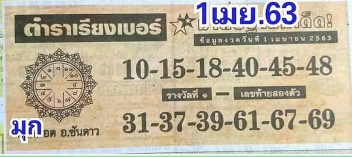 หวยตำราเรียงเบอร์ 1/4/63