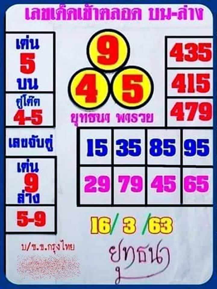 หวยยุทธนาพารวย 16/3/63