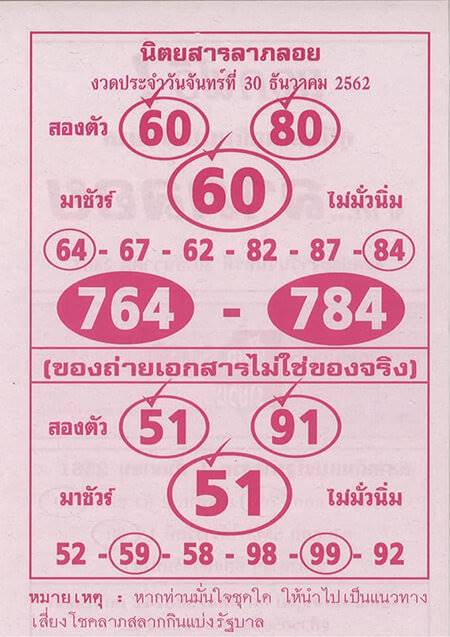 หวยลาภลอย 30/12/62