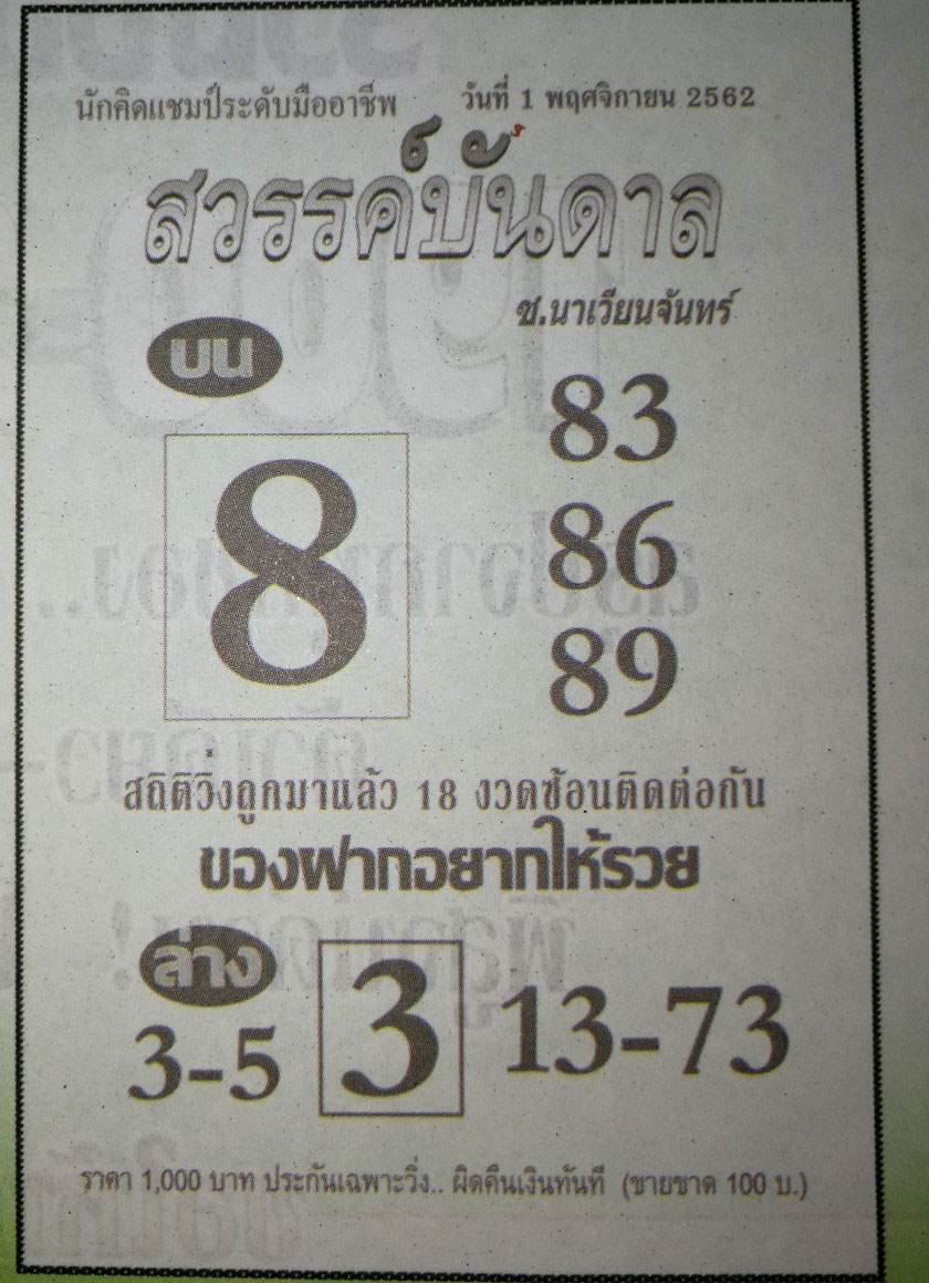 หวยสวรรค์บันดาล 1/11/62