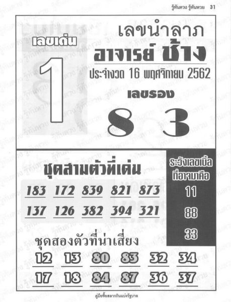 หวยอาจารย์ช้าง 16/11/62