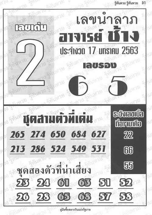 หวยอาจารย์ช้าง 17/1/63