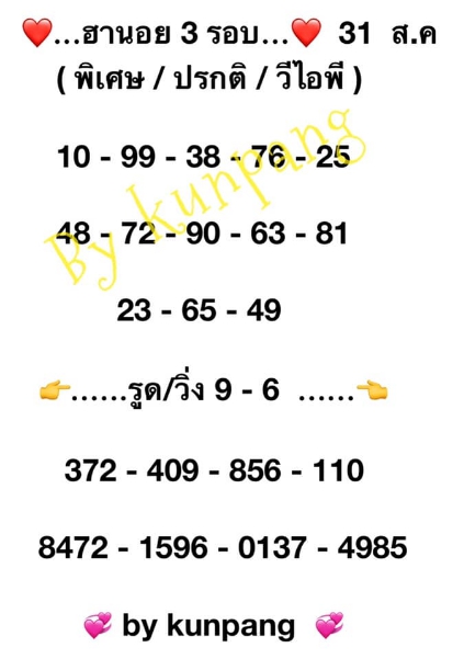 หวยฮานอย 31/8/63 ชุดที่ 1